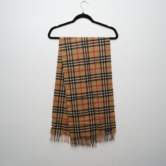 Authentic Burberry Classic Check Cashmere Fringe Scarf OS Tan/Black/Red - Picture 7 of 10